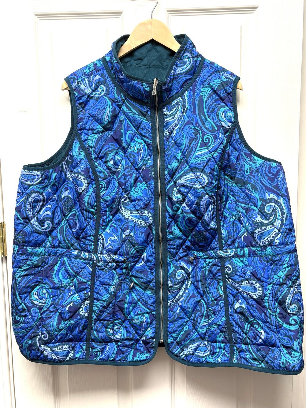 Isaac Mizrahi Live Vest Reversible Quilted 3X Green Blue Paisley Faux Suede Zip